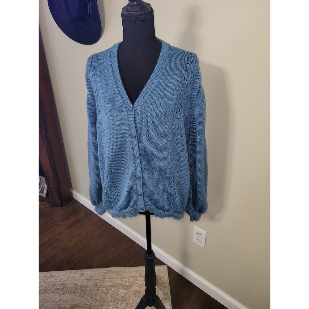 Tejidos Cristal Blue‎ Knit Cardigan cottagecorr with intricate knitting Wm Sz 44